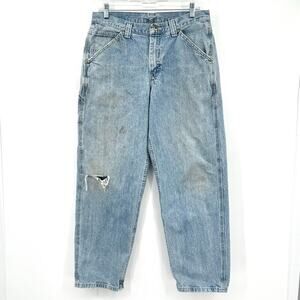 VTG Lee Dungarees Thrashed Distressed Carpenter Jeans Mens Size 32x30 Light Wash